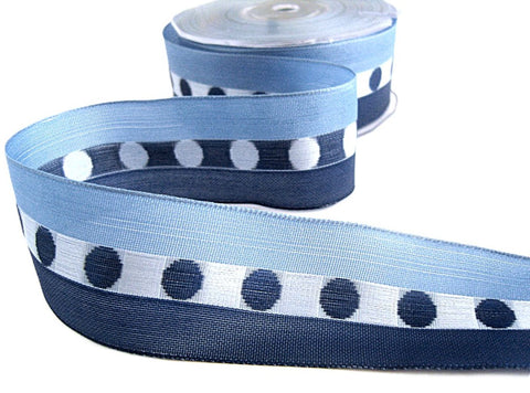 40mm Blues Woven Silk Dot Centre Ribbon, Wire Edge