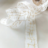 R3317 43mm Bridal White Sheer-Metallic Gold Print Ribbon by Berisfords