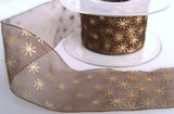 40mm brown organza ribbon with a metallic gold Christmas stars print.
