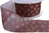 40mm burgundy organza ribbon with a metallic gold Christmas stars print.