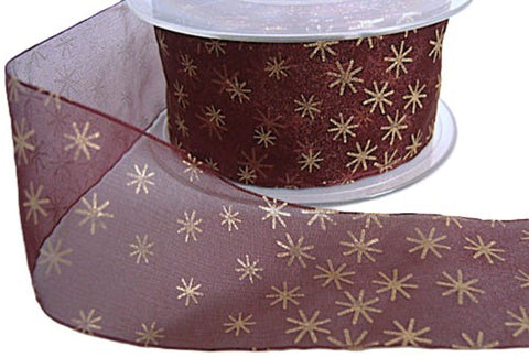40mm burgundy organza ribbon with a metallic gold Christmas stars print.