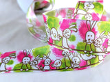 Berisfords Easter Theme Bunny and Chick Printed 40mm wide Wired Edge Taffeta Ribbon.