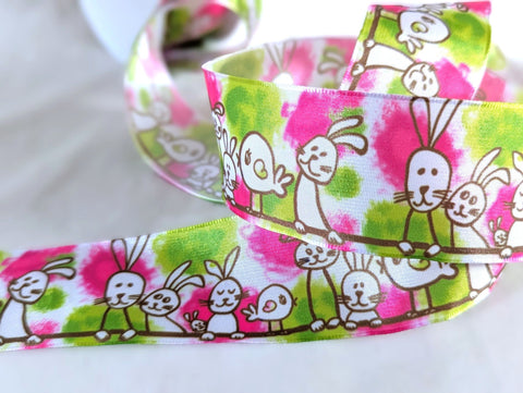 Berisfords Easter Theme Bunny and Chick Printed 40mm wide Wired Edge Taffeta Ribbon.
