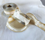 Cream polyester taffeta ribbon with metallic gold borders and wire edged. 40mm wide, made in the UK by Berisfords Ribbon. buy by the metre and cut to length.
