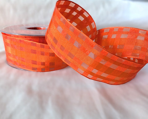 40mm Flame Orange Grosgrain & Sheer Check Wire Edge Ribbon | Berisfords