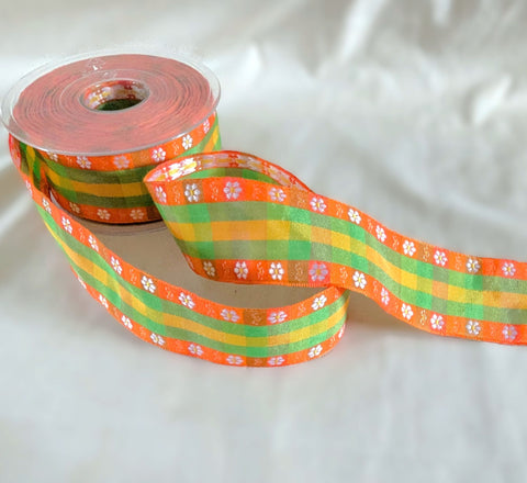 40mm orange and green gingham ribbon with satin jacquard daisy border.