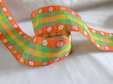 Continuous length of 40mm orange and green gingham ribbon with daisy border