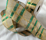 R2081 40mm Metallic Gold and Bottle Green Mesh Check Ribbon