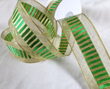 40mm Metallic Gold & Green Wire Edge Ribbon with Satin & Lurex Bands