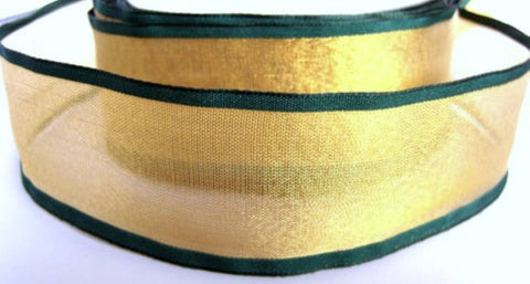 40mm dark gold sheer ribbon with green edges.