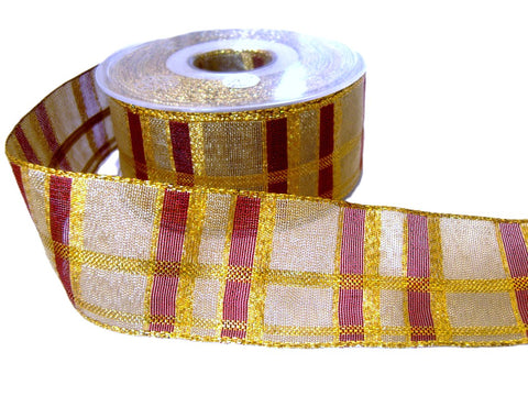 40mm Metallic Gold and Scarlet Berry Mesh Check Ribbon