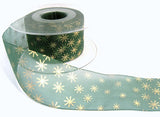 40mm green organza ribbon with a metallic gold Christmas stars print.