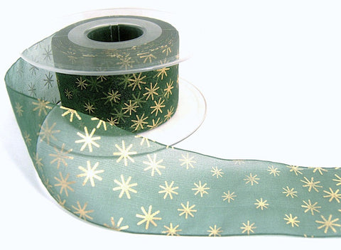 40mm green organza ribbon with a metallic gold Christmas stars print.