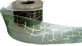 40mm green organza ribbon with metallic gold tinsel edges & abstract check print.