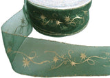 40mm green organza ribbon with metallic borders and Christmas spiral print.