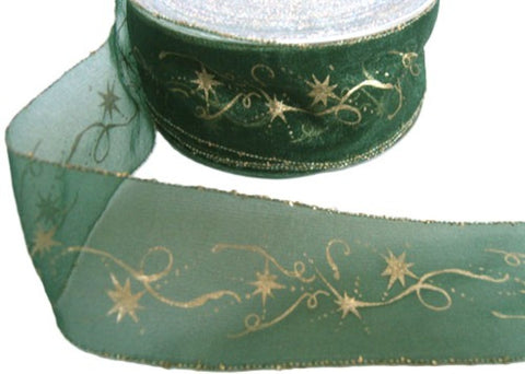 40mm green organza ribbon with metallic borders and Christmas spiral print.