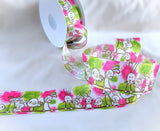 Berisfords 40mm cerise pink & green  Easter Theme Bunny and Chick Printed Wired Edge Taffeta Ribbon.