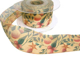 40mm honey gold festive berries printed ribbon, one half sheer organza, the other taffeta.