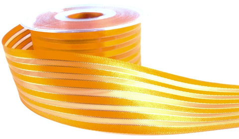 40mm width marigold satin, sheer and thin metallic gold striped ribbon. Buy per metre, cut to length. Ribbonmoon huge online Berisfords Ribbons range.