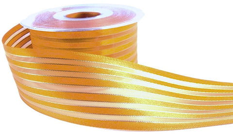 Marigold satin and sheer organza ribbon with gold metallic stripes, 40mm wide
