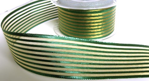 40mm metallic green & gold organza mesh striped ribbon.