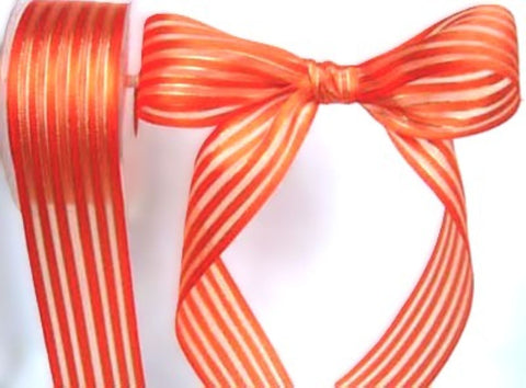 40mm orange satin‑sheer ribbon with pale gold metallic stripes and wired edge