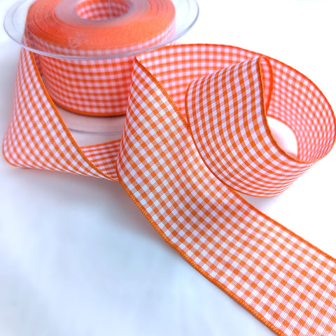 40mm orange delight and white traditional polyester gingham ribbon by Berisfords ribbons
