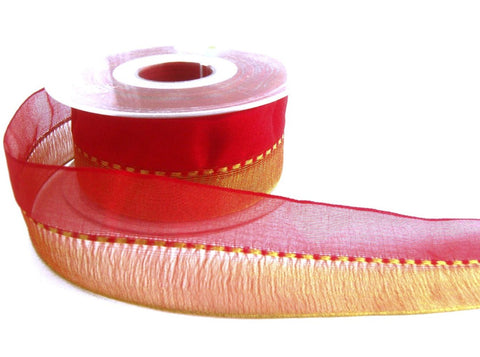 40mm Red & Metallic Gold Organza-Gimp Stitch Ribbon | Berisfords