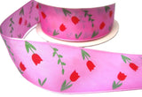 43mm Pink Taffeta Ribbon with a Red & Green Tulip Print