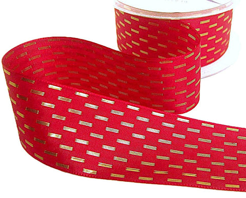 40mm red taffeta ribbon with metallic gold woven stripes