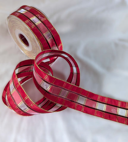 R5650 25mm Red, Wine, Sheer & Metallic Gold Geometric Tartan Ribbon