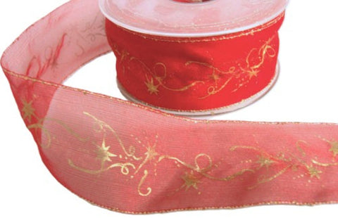 40mm red organza ribbon with metallic borders and Christmas spiral print.
