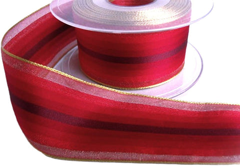 40mm mixed reds and plum satin centre striped ribbon with sheer organza and metallic gold edges