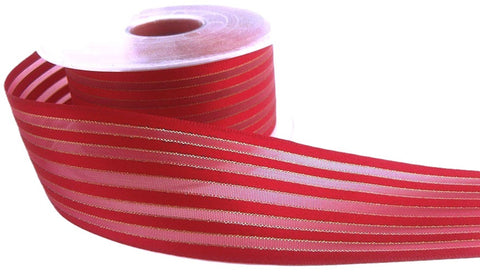 40mm wire‑edge ribbon featuring red satin, sheer organza and gold metallic stripes