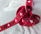 Premium quality red rustic Christmas ribbon with a brown robin and white tree and stitch edge print by Berisfords ribbons.