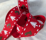 Premium quality red rustic Christmas ribbon with a brown robin and white tree and stitch edge print by Berisfords ribbons.