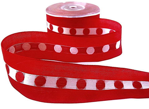 40mm Reds Woven Silk Spot/Dot Centre Ribbon, Wire Edge