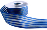 Royal Blue satin and sheer organza ribbon with thin gold metallic stripes, 40mm wide