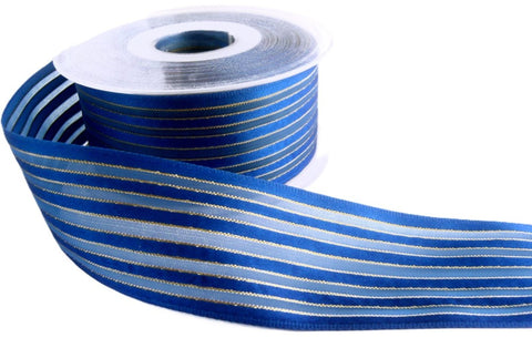 Royal Blue satin and sheer organza ribbon with thin gold metallic stripes, 40mm wide