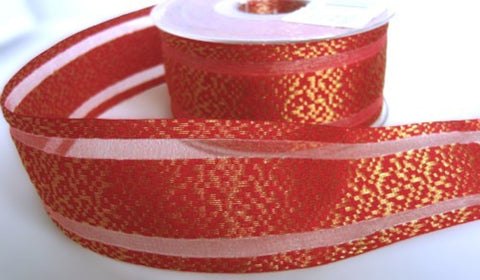 40mm Scarlet Berry & Metallic Gold Ribbon-Sheer Stripes - Berisfords