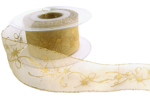 40mm straw organza ribbon with metallic borders and Christmas spiral print.