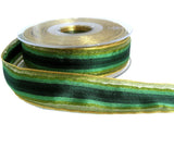40mm mixed green satin centre striped ribbon with sheer organza and metallic gold edges