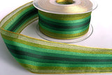 40mm mixed green satin centre striped ribbon with sheer organza and metallic gold edges