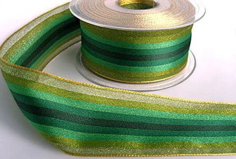 40mm mixed green satin centre striped ribbon with sheer organza and metallic gold edges