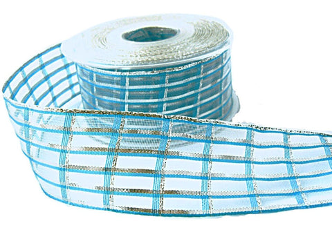 40mm Turquoise-Metallic Silver Sheer-Check Ribbon by Berisfords