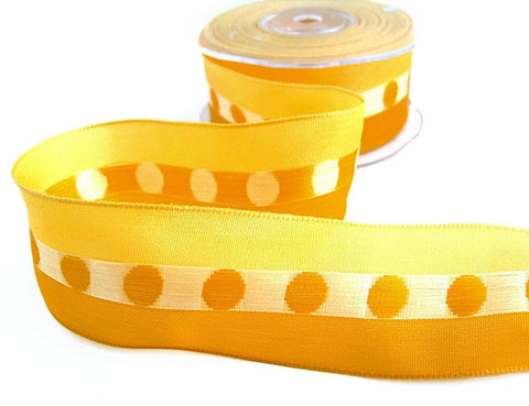 40mm Gold Yellows & Cream Woven Silk Dot Centre Ribbon, Wire Edge