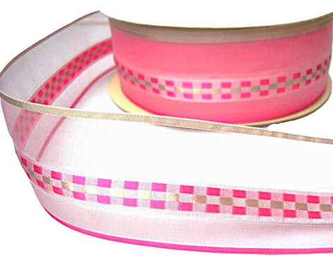 45mm Pinks & Grey Solid & Woven Silk Jacquard Stripe Organza Ribbon