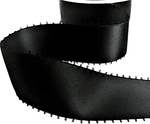 50mm Black Picot Edge Double Face Polyester Satin Ribbon | Berisfords