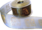 50mm Blue-Metallic Bronze Shot Mesh & Gold Star Print Ribbon