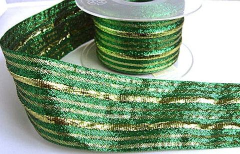 50mm Metallic Green & Gold Lurex Striped Ribbon | Berisfords